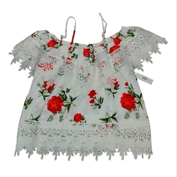 No boundaries ruffle top size XL NWT White shirt with red roses spaghetti strap - Picture 1 of 7